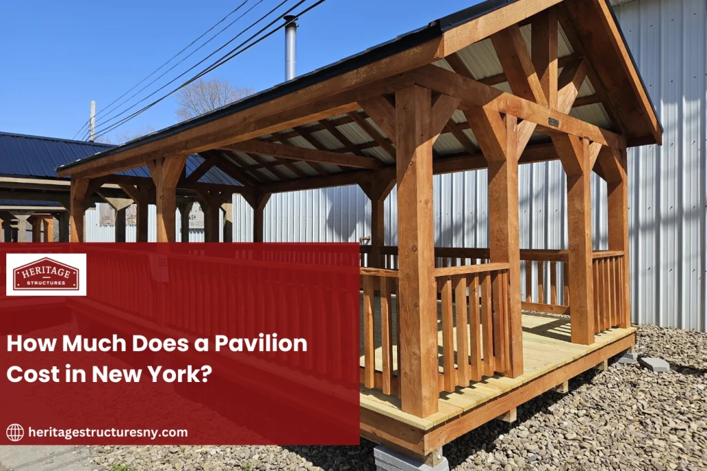 Pavilion cost in New York shown with an 8x8 Rustic Pavilion featuring a Red Cedar finish and Charcoal metal roof by Heritage Structure
